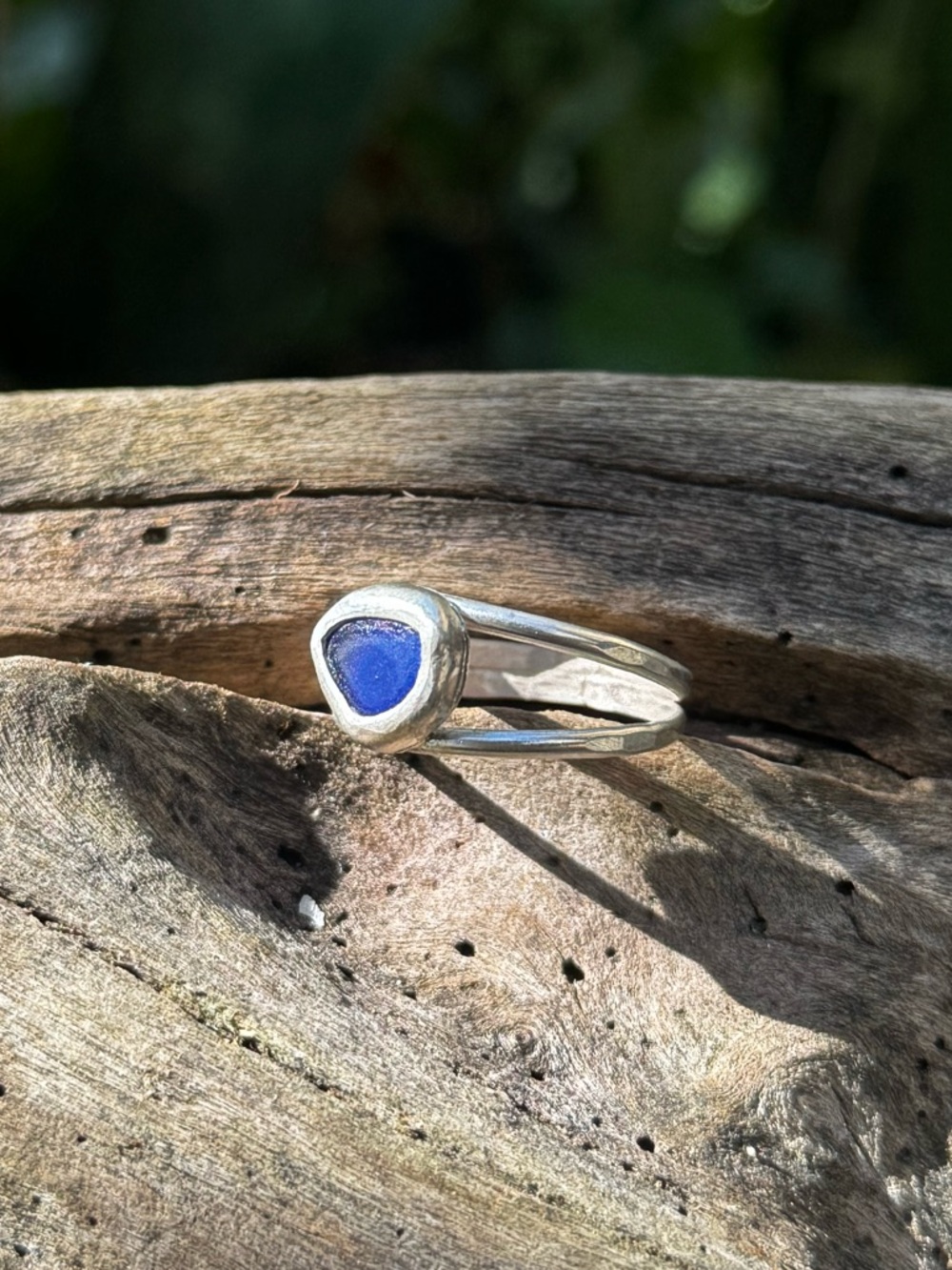 Cobalt blue sea glass sterling & fine silver double band - Picture 1 of 4